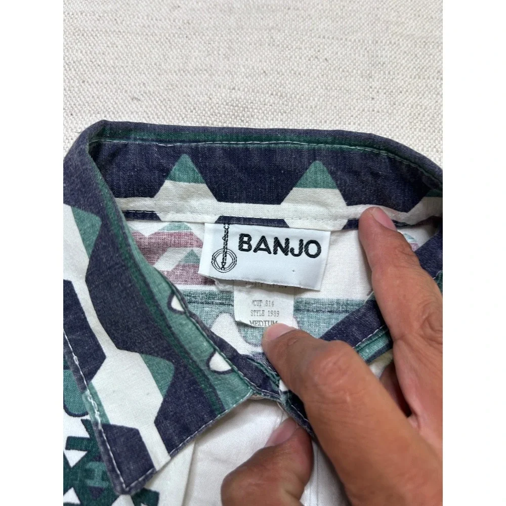 Vintage Banjo Southwestern Western Shirt Men's M White Aztec Snap Front USA Made
